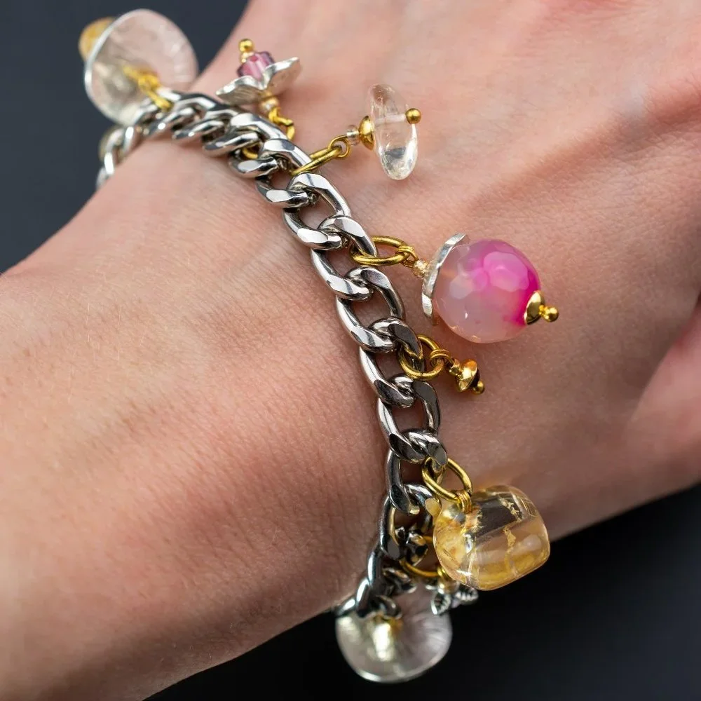 Chunky colorful charm silver chain bracelet, pink gemstone bead dangle bracelet